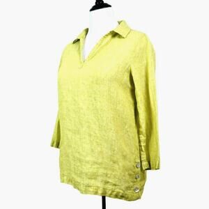 Tahari Size M Linen V Neck Tunic 3/4 Sleeve Side Buttons Chartreuse